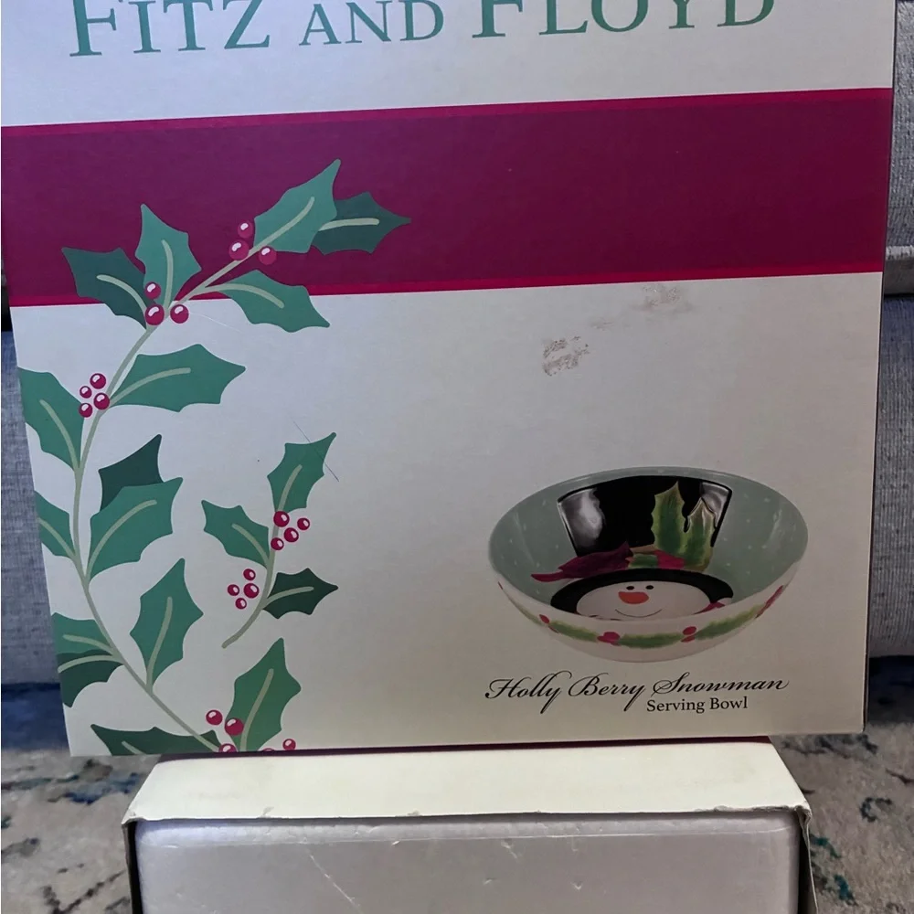 Fitz & Floyd Holly Berry Snowman Serving Bowl